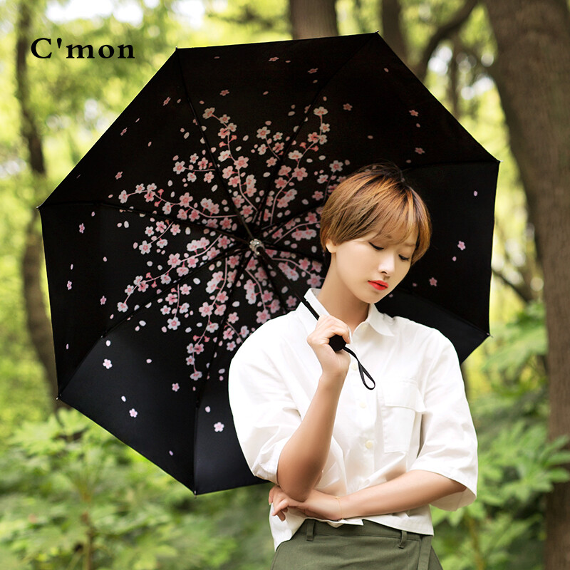 Cmon樱花黑胶遮阳伞防紫外线创意太阳伞三叠晴雨伞防晒小黑伞女