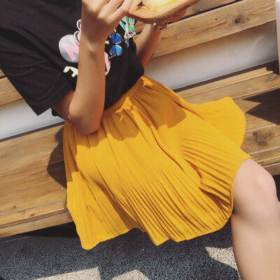 2016夏季女装 韩版甜美气质松紧腰纯色雪纺百褶半身裙短裙