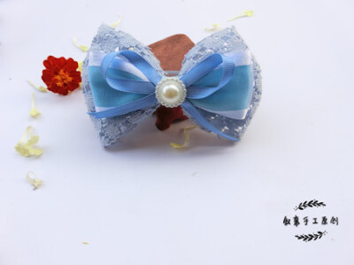 叙幕手工原创 浅蓝色纱网蕾丝镶珍珠蝴蝶结弹簧夹发尾夹顶夹发卡
