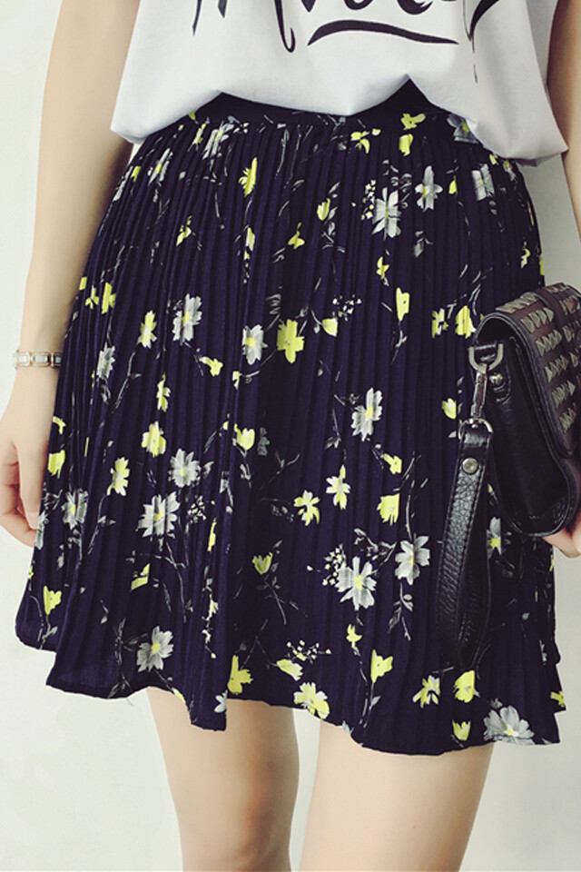 韩版高腰显瘦水墨花百褶半身裙