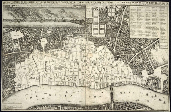 c.1667伦敦大火地图：17世纪房屋主要是木结构，沿狭窄的街道紧紧挤在一起火灾很常见。1666年9月2日布丁巷面包店​火灾烧了四天，最终因风向变化才扑灭。摧毁373亩土地,13000间房屋,84个教堂(包括圣保罗大教堂)和许多桥梁。这是1667年画的遗迹。