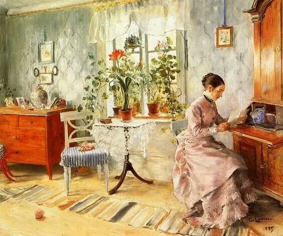 图为瑞典著名画家卡尔·拉森（Carl Larsson，1853–1919）的作品An Interior with a Woman Reading。拉森后半生在瑞典乡村度过，他和妻子按趣味设计住房，并画下生活中趣事。画中女子在充满生活气息的房子中或许阅读着孩子的来信，毕竟他们有八个孩子。