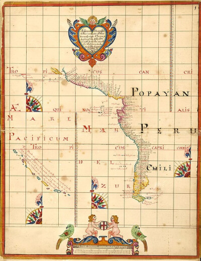 c.1698南美洲地图：1680年西班牙船长罗萨里奥，把他这张珍贵的地图扔入大海。因为地图标识了太平洋海岸的美洲中部和南部,和以前不为人知的海域。罗萨里奥被英国船俘虏，他宁可摧毁地图也不想让英国获得这些信息，但…