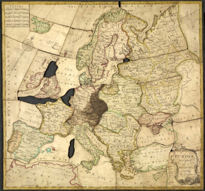 c.1766 地图拼图游戏：这是一个拼图游戏，由John Spilsbury设计，他被认为是的第一个商业化经营拼图的制造商。