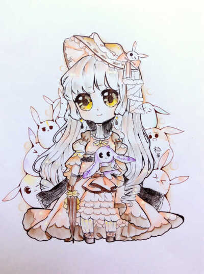 手绘 彩铅 Q版 女孩 兔子
