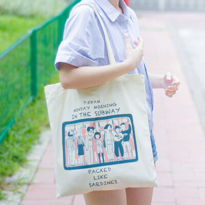 NULL原创日系卡通插画环保袋帆布包女单肩包学生叠便携购物袋