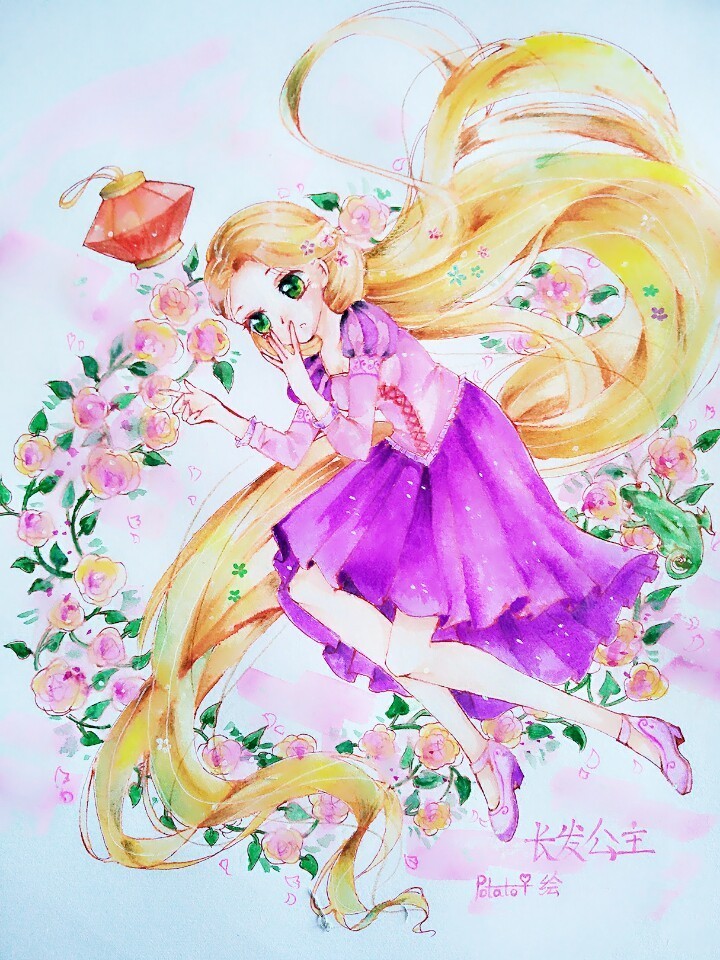 手绘水彩长发公主
