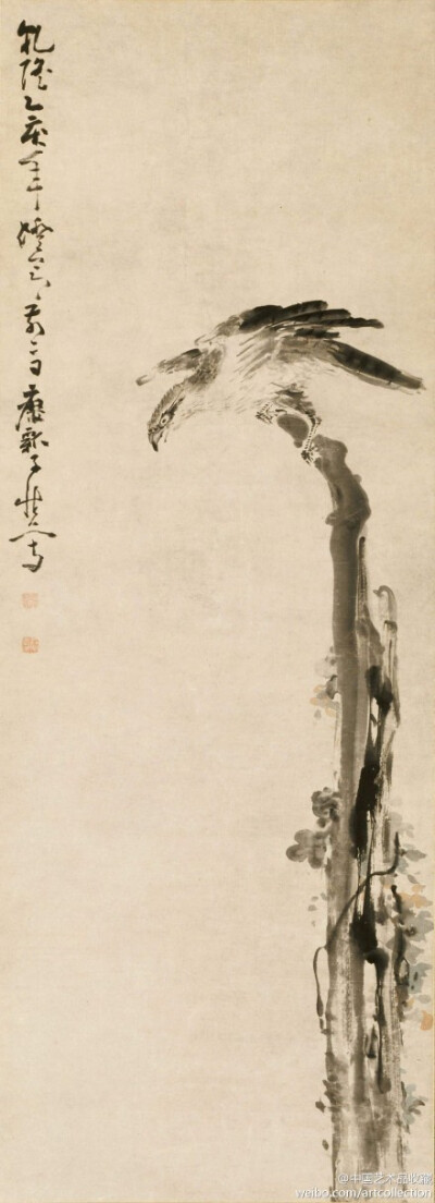 【 清 黄慎 《鹰树图》 】轴，纸本设色，墨笔，123.3×45cm，克利夫兰美术馆藏。 此图皆作险势，一树干自下而上，一张翅欲飞的鹰向下张望，似乎示威，因为雄鹰发现猎物往往悄然而下，伺机捕捉。此种构图似乎将高度升…