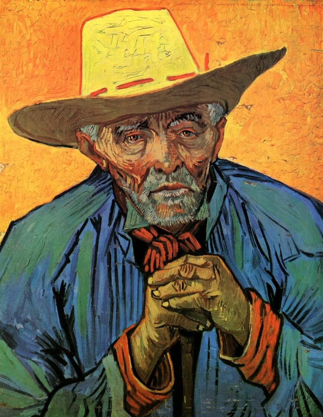 佩兴斯·埃斯克利耶 梵高将农民模特——放牛老汉佩兴斯·埃斯克利耶耶描绘为"一种'手不离锄头的人'"(L520)这效仿的是米勒1860到1862年的绘画风格。埃斯克利耶在两张肖像中都是以饱经风霜的老农的形象出现的，他身穿蓝色罩衫，头戴草帽，因劳作而变得粗糙的双手祈祷似地叠放在牧牛杖上，手的位置在画面中央，画面的背景是热烈的桔黄色。这幅作品颇具圣像意味，梵高的画将埃斯克利耶一生经历所留下的标记做了神圣化的处理。火红色的袖口和围巾格外醒目地衬托出那双祈祷似的手，红色的笔痕突出了凹隐的眼睛和布