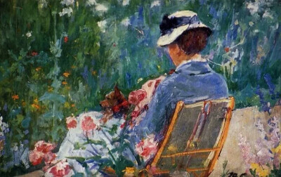 图为美国画家Mary Cassatt（1844-1926）的作品Lydia Seated in the Garden with a Dog in Her Lap。倘若坐在花园中，让自己待在草叶之间，那么阳光就会像对待植物那样照耀我，微风就会像对待花朵那样吹拂我，因为忘…