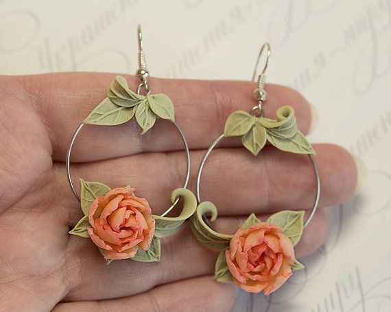 自然首饰Peach peony Earrings. Peach flowers earrings. by JewelleryForWorld