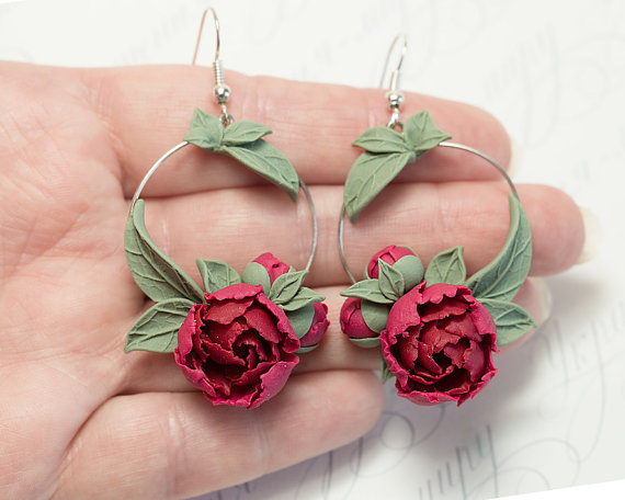 自然首饰Red peony Earrings. Burgundy flowers by JewelleryForWorld on Etsy