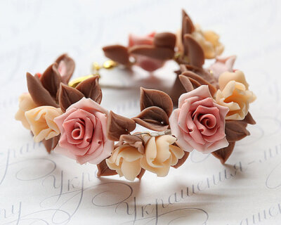 Pastel pink roses bracelet. Chocolate brown bracelet. Polymer clay
jewelry. Romantic wedding Blush roses jewelry. Pink brown jewelry自然首饰