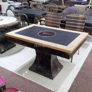 美式工业风五金火锅桌，实木加火烧石相嵌