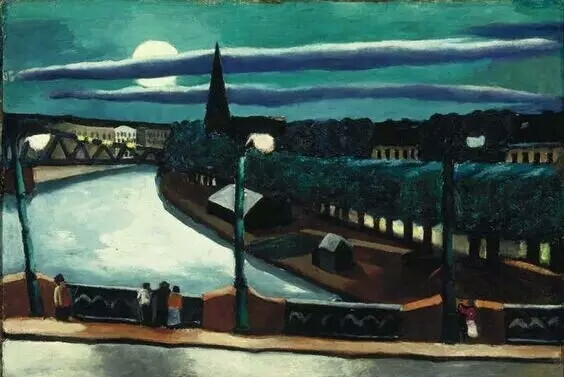 图为德国画家Max Beckmann创作于1925年的作品Moon Landscape。在Beckmann的画笔下，深绿色调渲染，三两行人融入被月光照亮的满月之景中，简单又诗意。