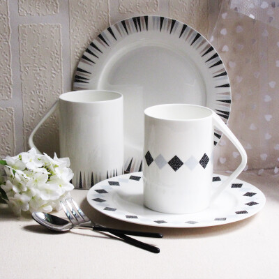 三月鸢尾 北欧风极简几何黑白骨瓷早餐牛奶杯咖啡马克杯平盘碟子