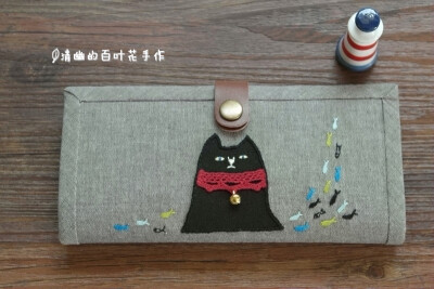 [铃铛黑猫]原创设计 手工刺绣贴布日系杂货风 文艺长款钱包钱夹