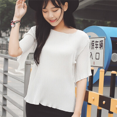 2016韩版夏装修身百搭上衣短袖褶皱百褶学生纯色打底衫短袖T恤女