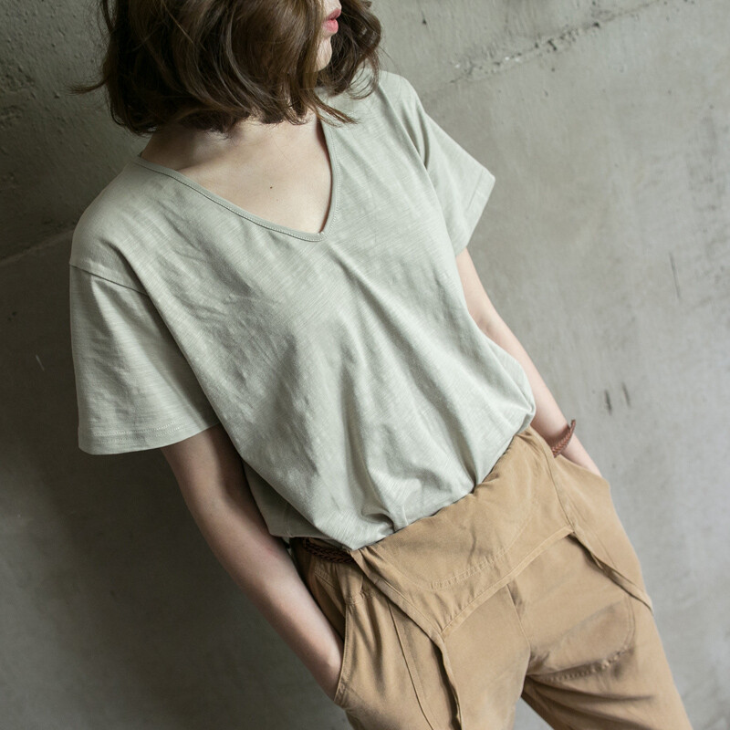 SOYAS|文艺小清新日系V领高品质纯棉纯色文化衫短袖套头T恤