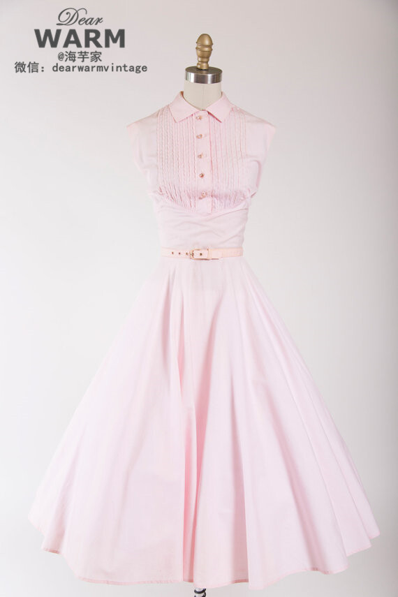 1950s 粉色纯色棉布古董连衣裙 