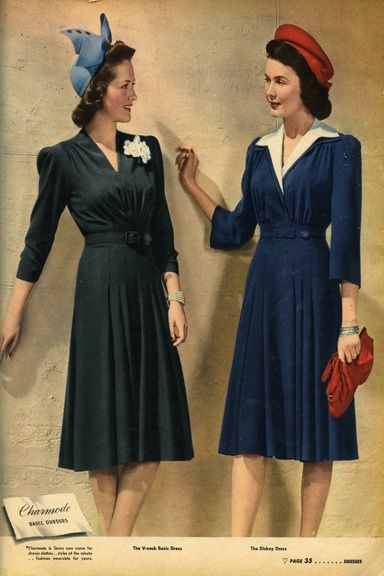 1942-43 A V neckline helps shape a more streamlined figure. Accessorize with a small, fitted hat for a pop of color