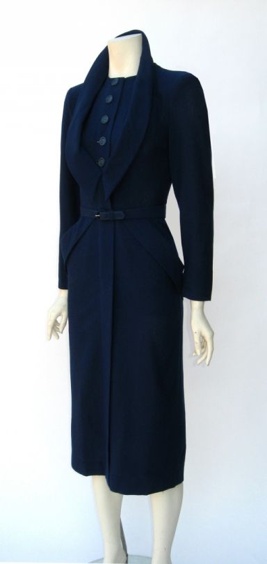 Vintage 1940s Dorothy O'Hara Navy Blue Wool Wiggle Dress