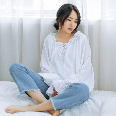 OS:2016春季女装上衣 韩版通勤睡衣款系带百搭长袖白衬衫