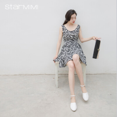 starmimi 2016夏季印花后绑带棉麻洋装 夏季连衣裙女