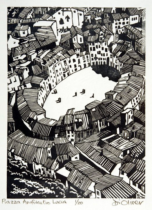 Piazza Amfiteatro, Lucca , Linocut, Di Oliver. Over the centuries, the houses in the piazza have taken the place of the original structure of the Roman amphitheatre, while keeping the oval shape: