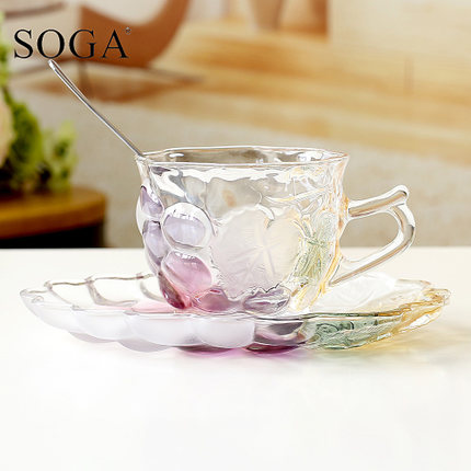 正品日本SOGA 葡萄花水晶玻璃咖啡杯碟套装 花茶杯彩色葡萄送弯勺