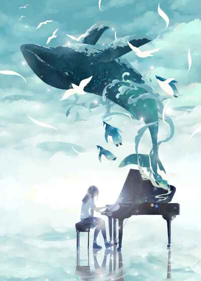 |琴の音 |意境 插画 唯美 动漫 背景 钢琴 弹奏 鲸鱼 蓝 壁纸 画师： 鹿野さん