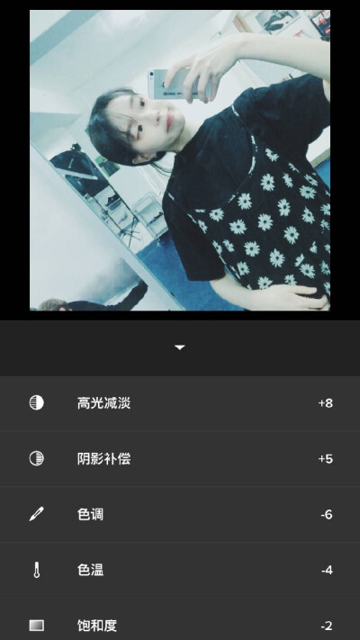 VSCO 冷绿调色步骤：滤镜F3+12 对比度+2 饱和度-2 色温-4 色调-6 阴影补偿+5 高光减淡+8