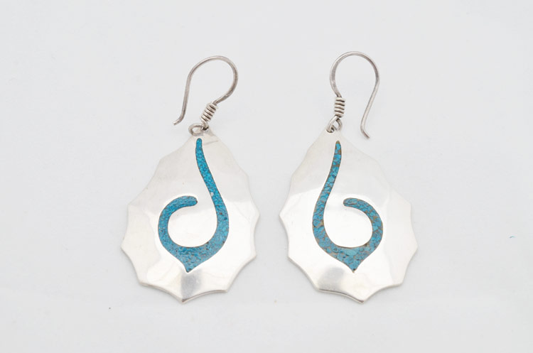 墨西哥银器 纯银耳环一对 印加文化图案 镶嵌绿松石