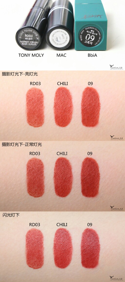 Tony moly-RDP3，Mac-chili ,bbia -09，颜色对比