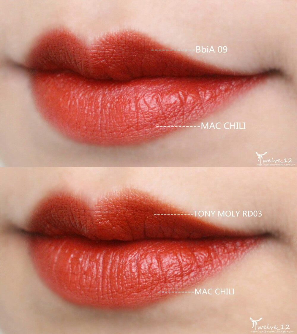 Tony moly-RDP3，Mac-chili ,bbia -09，颜色对比