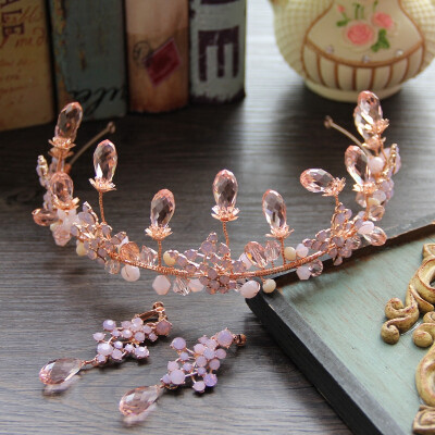 粉红色甜美新娘皇冠耳环套装韩式水晶水钻结婚王冠头饰发饰品