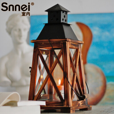 Snnei 炭烧玻璃风灯烛台 复古欧式落地装饰摆件 高档木质马灯ZT3