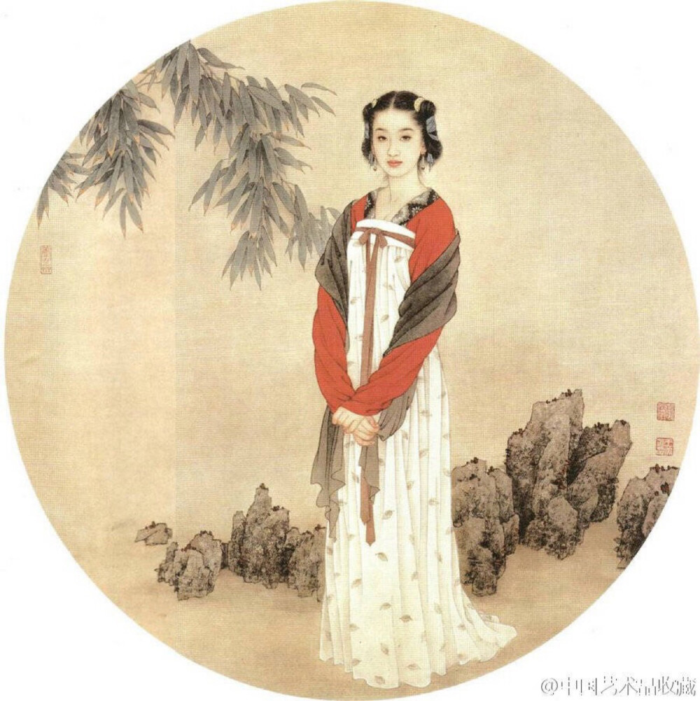 #工笔画#【 赵国经、王美芳 《仕女图》 】画坛伉俪赵国经、王美芳，是一对擅长工笔人物画的丹青妙手，尤其是他们笔下的古代仕女形象，造型准确，构图严谨，描绘精细，色彩清雅；更难能可贵的是，它们既不同于唐代仕女画的丰腴肥硕，又迥异于明清仕女画的纤巧瘦弱，美人不再徒具形质，而被赋予骨血和精神，可谓意态并重，风格唯美，成为诠释古典美学的“新仕女画”。