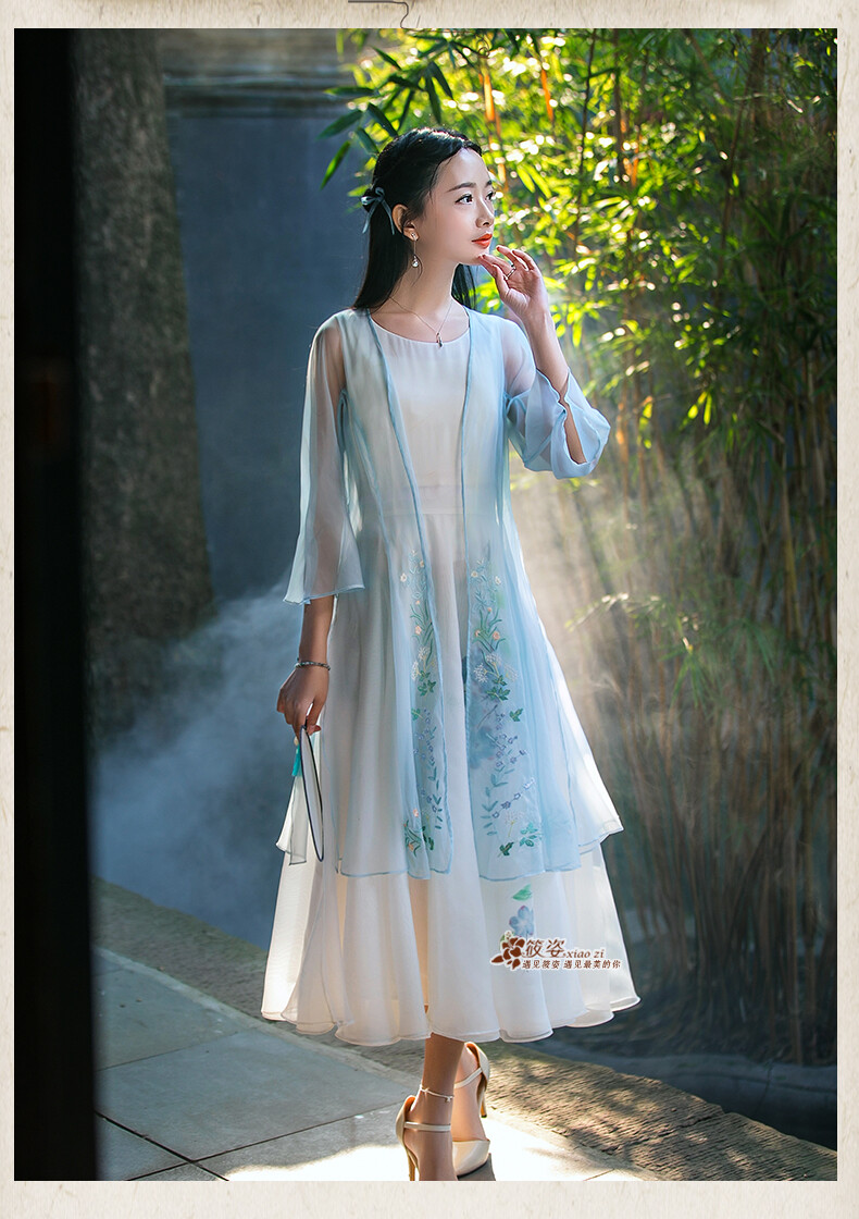 筱姿 一素茉馨 2016夏季新款复古女装绣花透视薄纱外套长开衫-