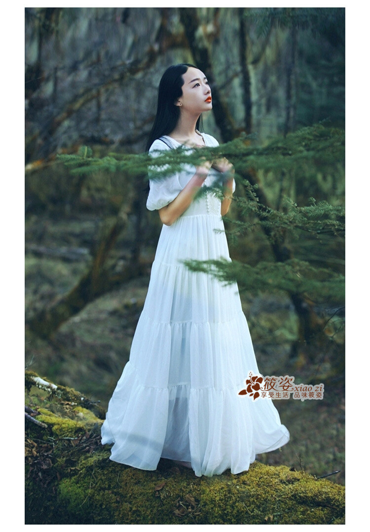 筱姿2016复古文艺连衣裙春季女装长裙蕾丝修身高腰雪纺仙女裙