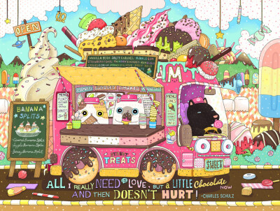 Ice cream truck 萌萌的猫咪插画 By 画师shanghee shin