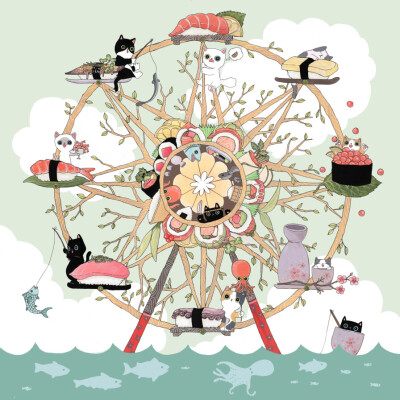 the sushi wheel 萌萌的猫咪插画 By 画师shanghee shin