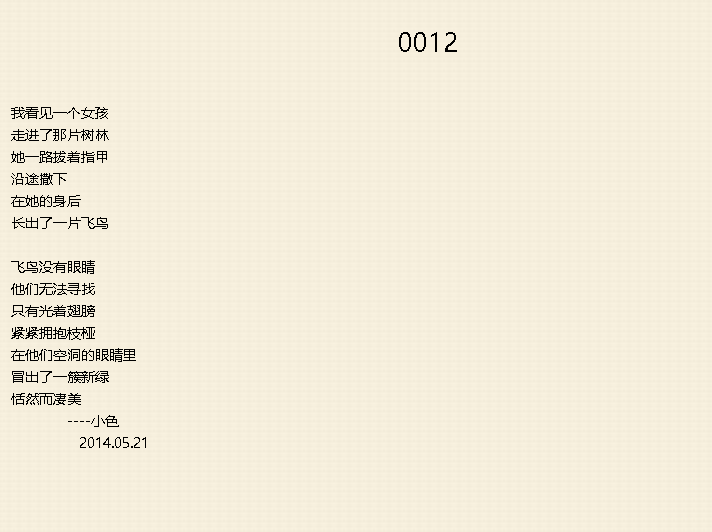 0012
我看见一个女孩
走进了那片树林
她一路拔着指甲
沿途撒下
在她的身后
长出了一片飞鸟
飞鸟没有眼睛
他们无法寻找
只有光着翅膀
紧紧拥抱枝桠
在他们空洞的眼睛里
冒出了一簇新绿
恬然而凄美
----小色
2014.05.21
