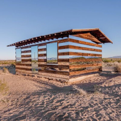 Lucid Stead installation by Phillip K Smith lll gives the illusion of invisibility to a desert cabin.