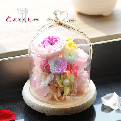 永生花礼盒玻璃罩 七彩玫瑰保鲜干花520情人节 女友创意生日礼物