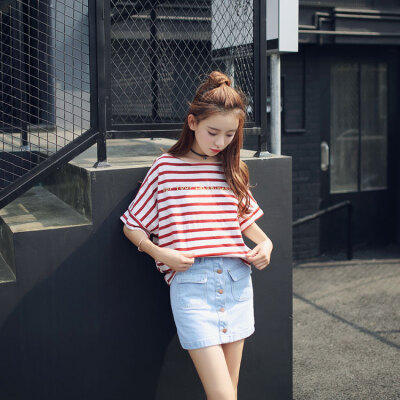 韩版2016夏装圆领印花纯棉宽松条纹T恤女短袖上衣显瘦T恤