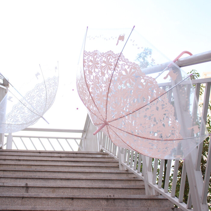 ❤❤ 新款清新蕾丝伞公主伞洋伞可爱小猫印花透明伞韩版长柄弯钩晴雨伞