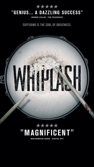 《爆裂鼓手》海报，以传奇乐手查理·帕克为目标的音乐学院新生安德烈，在加入竞争激烈的校爵士乐队之后，面对魔鬼导师弗莱彻近乎地狱般的训练，凭借对"伟大"的坚定追求和对音乐的无上热爱，刻苦坚持追求音乐乃至不疯…