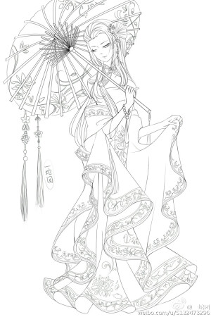 女子裙装正面全身像 古风 奇迹暖暖 手绘线稿 漫画绘画素材——by antique2013106