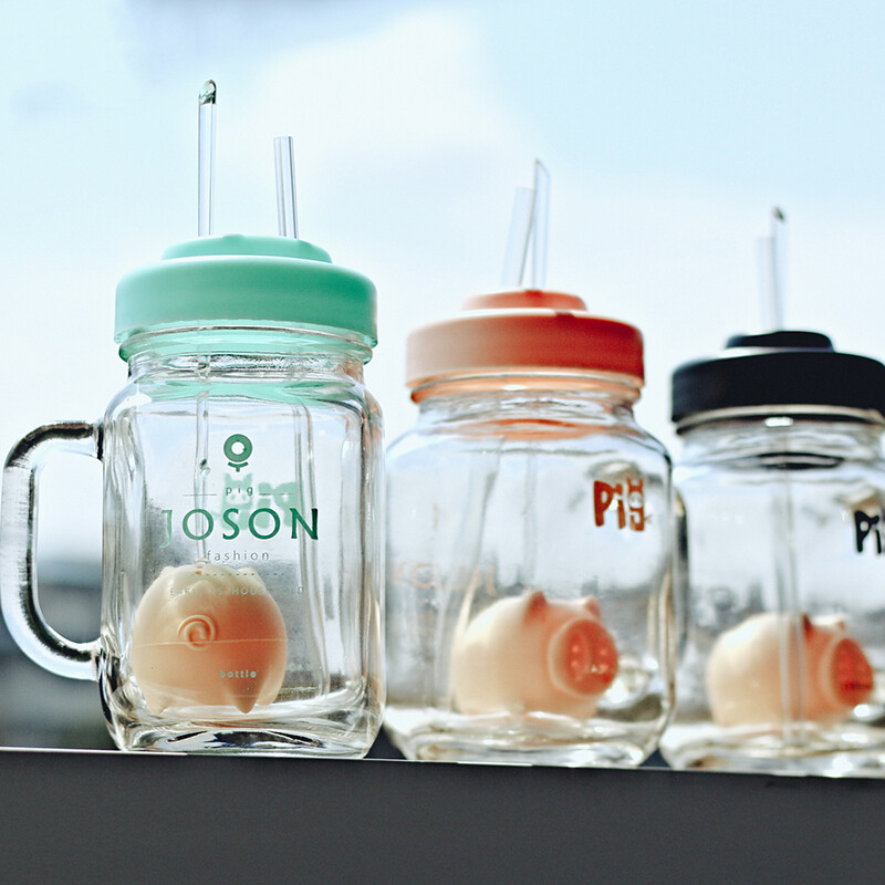 定制 创意透明耐热玻璃杯子梅森瓶泡茶带盖公鸡杯儿童成人吸管可爱水杯